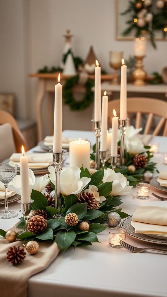 Christmas table decorated with magnolia leaves, candles, and ornaments, creating a festive ambiance.